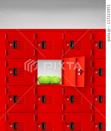 The tennis ball is in the red locker. inside the gym The tennis ball is in the red locker. inside the gym 117223951