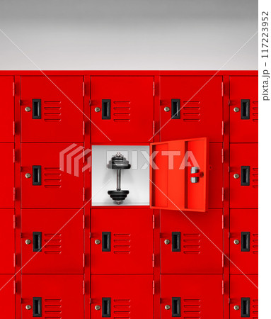 Dumbbells in the red lockers inside the gym 117223952