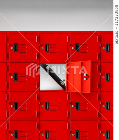 Skateboard in red locker inside gym Skateboard in red locker inside gym 117223958