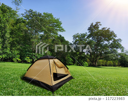 Travel tent camping in the open grass in the forest. Travel tent camping in the open grass in the forest. 117223983