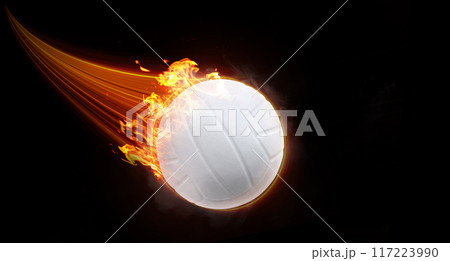 Volleyball ball flies with fast effect in black background. 117223990
