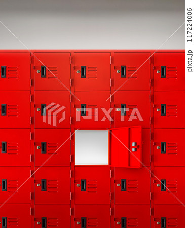 Deposit red locker boxes or gym lockers inside of a room with one central opened door Deposit red locker boxes or gym lockers inside of a room with one central opened door 117224006