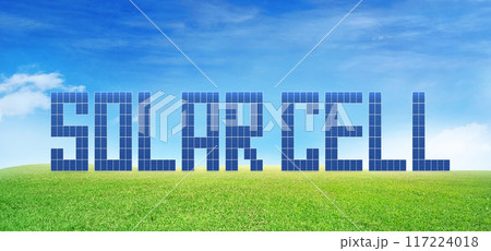 Solar cell alphabet made with solar panels on grass with beautiful sky background. Solar cell alphabet made with solar panels on grass with beautiful sky background. 117224018