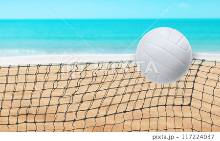 Beach landscape with volleyball ball. Summer. Background is sea water and blue sky. 117224037