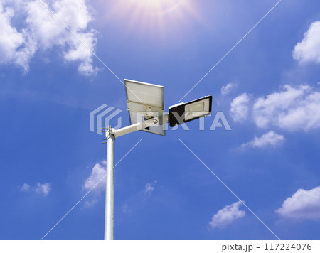 Photovoltaic spotlights use solar energy. pure energy concept 117224076