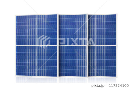 Solar panels (solar cell) in solar farm with sun lighting to create the clean electric power 117224100