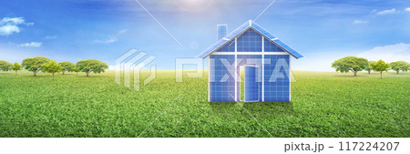 Solar panels and blue sky, solar panels, solar generator systems. Clean technology for a better future. 117224207