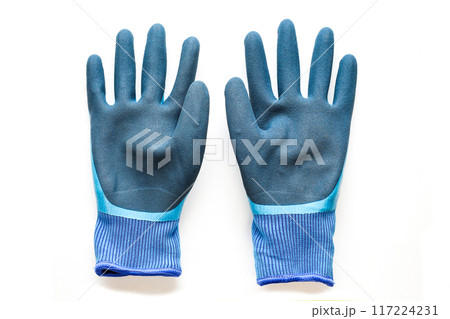 Warm winter rubberized gloves with fur, white background 117224231
