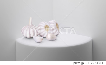 Garlic on white interior For product display or exhibition 3D rendering Garlic on white interior For product display or exhibition 3D rendering 117224311
