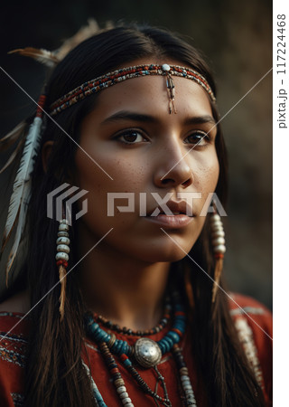 Traditional Native indian american. Nature tribe. Fictional person. Generate Ai Traditional Native indian american. Nature tribe. Fictional person. Generate Ai 117224468