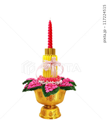 The flower pedestal has incense sticks and candles beautifully decorated separately on a white background. The flower pedestal has incense sticks and candles beautifully decorated separately on a white background. 117224515