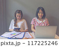 Two young female freelancer using laptop and tablet while working 117225246