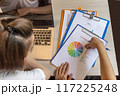 Top view of hand pointing at pie chart business document 117225248