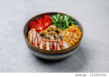 A vibrant poke bowl with grilled chicken A vibrant poke bowl with grilled chicken 117225310