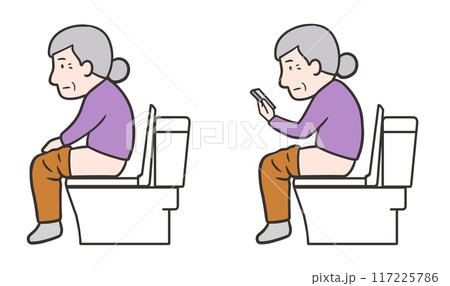 トイレに座る高齢女性とトイレでスマホを見る高齢女性のイラストセット 117225786