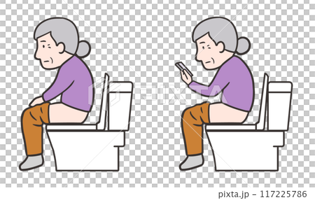 トイレに座る高齢女性とトイレでスマホを見る高齢女性のイラストセット 117225786