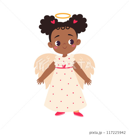 Girl Character in Angel Costume Celebrate Christmas Holiday at Winter Vector Illustration 117225942