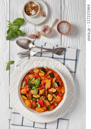 hearty italian vegetable stew in bowl, top view hearty italian vegetable stew in bowl, top view 117225964