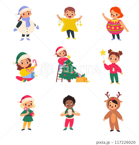 Kids Celebrate Christmas Holiday at Winter Vector Set Kids Celebrate Christmas Holiday at Winter Vector Set 117226020