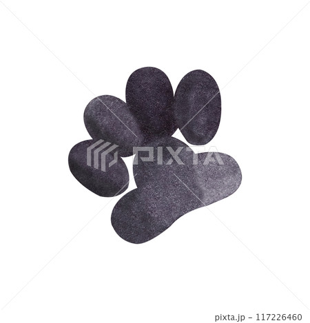 Dog or cat footprint drawn with black watercolor. Watercolor illustration. Pet, dog, cat footprint isolated on white background. Suitable for printing postcards, invitations, packaging. Dog or cat footprint drawn with black watercolor. Watercolor illustration. Pet, dog, cat footprint isolated on white background. Suitable for printing postcards, invitations, packaging. 117226460