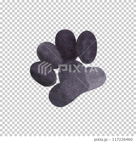 Dog or cat footprint drawn with black watercolor. Watercolor illustration. Pet, dog, cat footprint isolated on white background. Suitable for printing postcards, invitations, packaging. Dog or cat footprint drawn with black watercolor. Watercolor illustration. Pet, dog, cat footprint isolated on white background. Suitable for printing postcards, invitations, packaging. 117226460