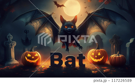 Text "Bat" with forest background, Halloween concept, festival. 117226589