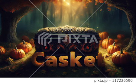 Text "Casket" with forest background, Halloween concept, festival. 117226590