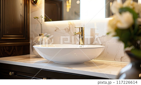 Luxury bathroom with sleek white vessel sink on dark walnut vanity, brass hardware, frameless mirror, ambient lighting, elegant design. Bathroom white sink wooden vanity 117226614