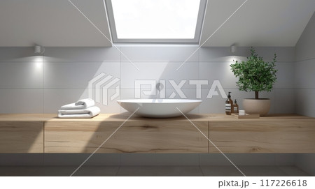 Modern bathroom with floating vanity, white sink, recessed and skylight lighting, sleek aesthetic, gray tiles, small green plant. Bathroom white sink wooden vanity 117226618