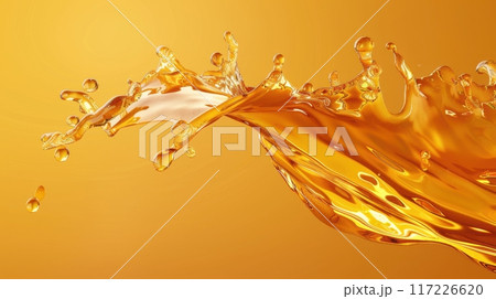 Intricate sunflower oil splash, 3D model, gradient background, yellow to orange, realistic reflections. Splash of sunflower oil isolated Intricate sunflower oil splash, 3D model, gradient background, yellow to orange, realistic reflections. Splash of sunflower oil isolated 117226620