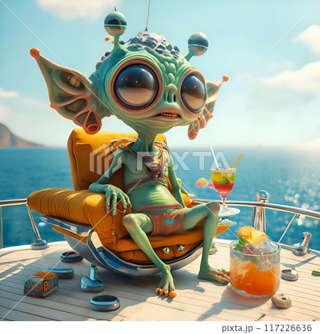 funny cute  alien having sun bath on sea boat  with cocktail on sunny day.  Digital artwork.  Ai generated 117226636