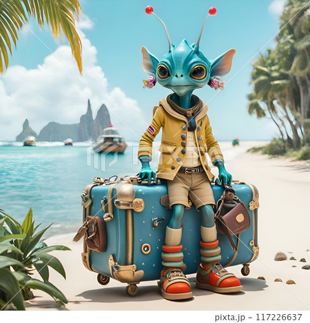 funny cute  alien posing  on sea tropical coast  with his luggage at sunny day.  Digital artwork.  Ai generated 117226637