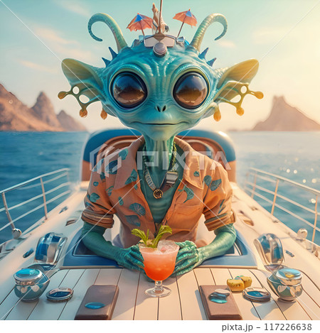 funny cute  alien relaxing on sea boat  with cocktail on sunny day.  Digital artwork.  Ai generated 117226638
