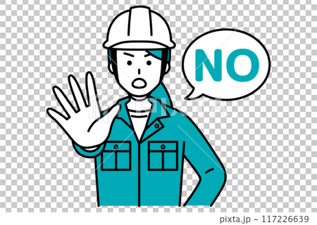 A female worker puts her right hand forward and says NO A female worker puts her right hand forward and says NO 117226639