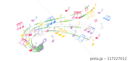 Multicolored music notes, treble clef. Notes flying through the waves of music. Rainbow color of note symbols. International Music Day. Watercolor illustration in classic style. For poster, postcard Multicolored music notes, treble clef. Notes flying through the waves of music. Rainbow color of note symbols. International Music Day. Watercolor illustration in classic style. For poster, postcard 117227012