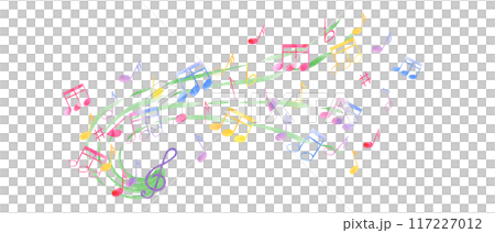 Multicolored music notes, treble clef. Notes flying through the waves of music. Rainbow color of note symbols. International Music Day. Watercolor illustration in classic style. For poster, postcard 117227012