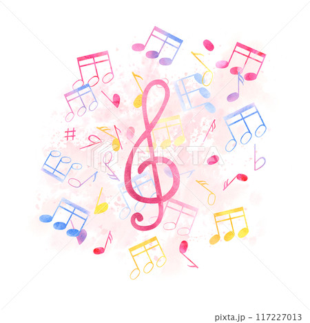 Abstract music notes around treble clef. Poster for music day Multicolored note symbols on pink aquarelle stain. Musical cute atmosphere. Watercolor illustration for greeting, stationery, print 117227013