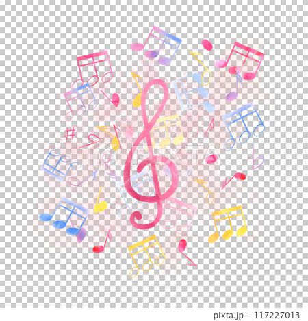 Abstract music notes around treble clef. Poster for music day Multicolored note symbols on pink aquarelle stain. Musical cute atmosphere. Watercolor illustration for greeting, stationery, print 117227013