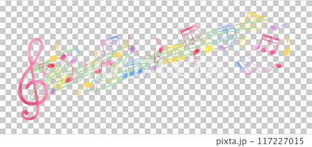 Multicolored music notes, treble clef. Notes flying through the waves of music. Rainbow color of note symbols. International Music Day. Watercolor illustration in classic style. For poster, postcard Multicolored music notes, treble clef. Notes flying through the waves of music. Rainbow color of note symbols. International Music Day. Watercolor illustration in classic style. For poster, postcard 117227015