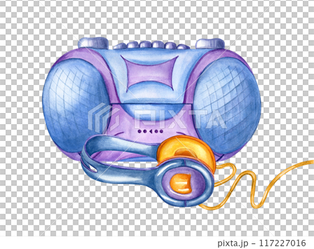 Audio cassette player with wired headphones. Tape recorder and Earpieces for listening to music. Retro 90s, Y2K style. Musical accessories. Watercolor illustration for poster, greeting, stationery 117227016