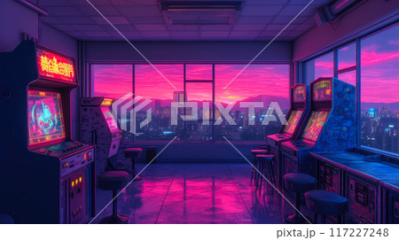 Neon Dreams: 90s Arcade Overlooking Futuristic Metropolis 117227248