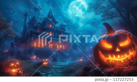Ghostly Manor with Towering Halloween Pumpkins Ghostly Manor with Towering Halloween Pumpkins 117227253