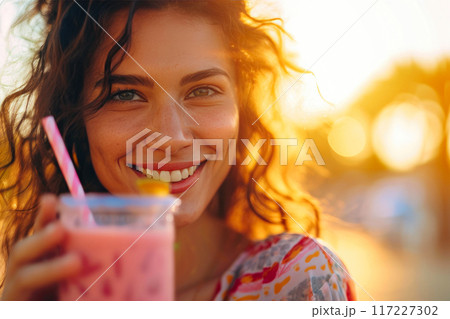 Joyful Lady Delighting in a Freshly Blended Smoothie Joyful Lady Delighting in a Freshly Blended Smoothie 117227302