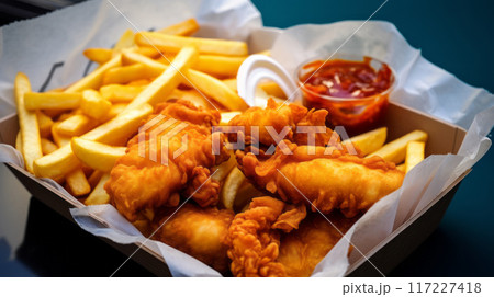 Delicious fish and chips on paper isolated on white background. With clipping path. 117227418