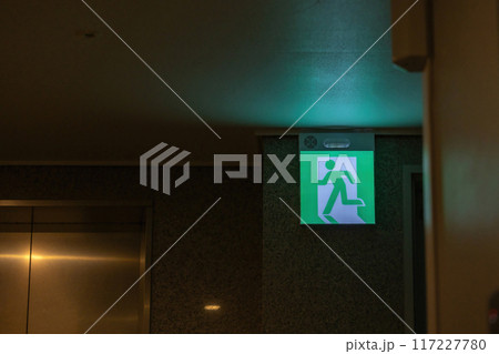 Green emergency exit sign showing the way to escape. Fire exit in the building. Green emergency exit sign showing the way to escape. Fire exit in the building. 117227780