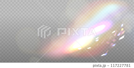 Rainbow highlight on a light background with sparkles. Bokeh Glare or reflection from water. Glittering overlay for social media backgrounds, photo shots. Vector illustration. Rainbow highlight on a light background with sparkles. Bokeh Glare or reflection from water. Glittering overlay for social media backgrounds, photo shots. Vector illustration. 117227781