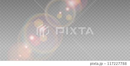 Abstract refraction glow and bokeh effect. Warm crystal light leak flare reflection effect. Transparent refraction background. Vector overlay for summer sun effect. 117227788