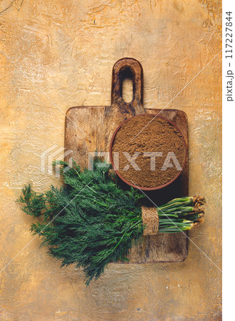dried dill, in a ceramic bowl, a bunch of fresh dill, seasoning, top view, no people, 117227844