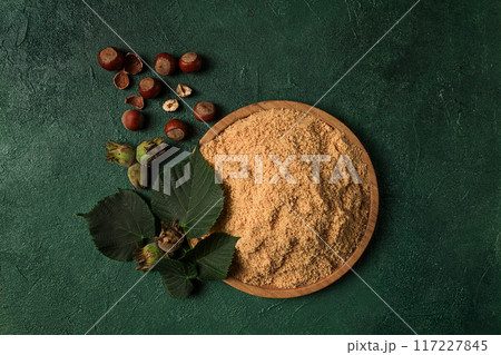 hazelnut flour, top view, filbert, cobnut, top view, no people, hazelnut flour, top view, filbert, cobnut, top view, no people, 117227845