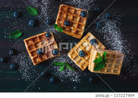 Viennese waffles with blueberries, on a dark background, breakfast, no people, selective focus, Viennese waffles with blueberries, on a dark background, breakfast, no people, selective focus, 117227904